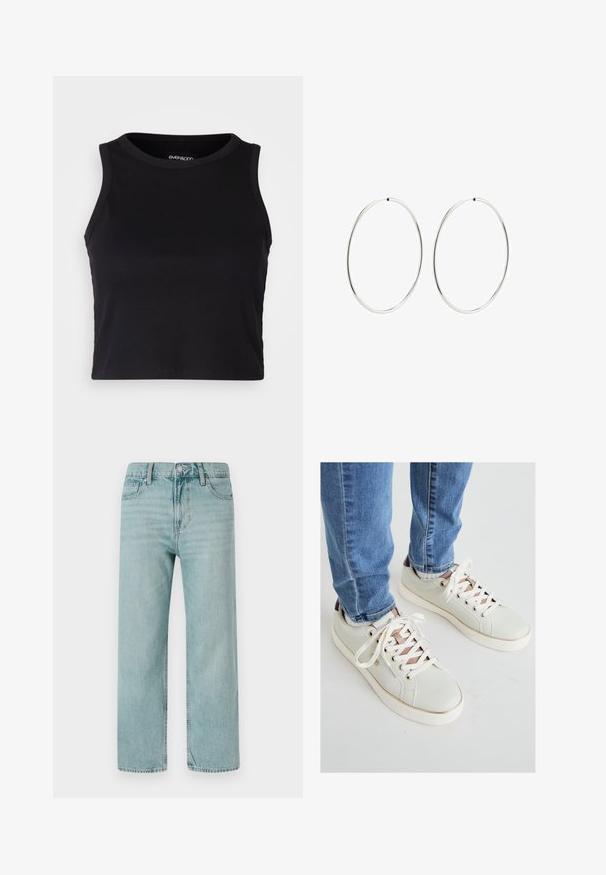 Mustard ribaga lõhikuga crop top, millel on ümar kaelus ja ilma varrukateta disain. Valmistatud pehmest ja venivast kangast, millel on puhtad äärised.; Heledad sinine lai leg jeans, mis on valmistatud denimist, klassikalise viie tasku disainiga, puhaste joontega ning regulaarse vöökohtadega, millel on nupuvajutus.; Heled rohelised nahast tossud valgete paeltega, roosakuldsete detailidega ja tekstuurse viimistlusega. Valgest kummist tald ja pruun konts.; Hõbedased rõngaskõrvarõngad, millel on sujuv, ümmargune disain ja poleeritud viimistlus. Need on õhukesed ja kerged, omades lihtsat klambrit.