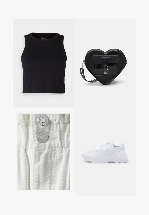 Black ribbed crop tank top with a round neckline and sleeveless design. Made from soft, stretchy fabric, featuring clean hemmed edges.; Vero Moda VMLYRA PAPERBAG - Denim shorts - snow white; White athletic sneaker with a mesh upper, textured overlays, padded collar, thick rubber sole, and a pull tab on the heel for easy wear.; Black heart-shaped bag made of patent leather with a front pocket featuring a buckle closure and a detachable strap. Silver hardware accents.