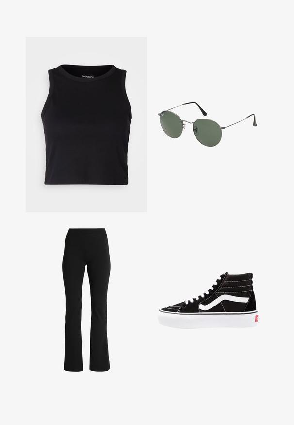 Melna ribota īsā topa ar apaļu kakla izgriezumu un bez piedurknēm. Izgatavota no mīksta, elastīga auduma, ar tīrām apgrieztām malām.; Melnas platas bikses, kas izgatavotas no elastīga auduma. Tām ir plaša jostasvieta un gluda tekstūra, kas paredzēta ciešai pieguļošanai gurniem.; Melnas augstās kedas ar baltām šņorēm, baltu logo un kontrastējošu baltu dūrienu. Iemīlda bieza balta zole un teksturēts zamšāda augšdaļa.; Metāla rāmji saulesbrillēm ar ovālām zaļām lēcām. Tievs sudraba metal rāmji un melni ausu spilventiņi. Minimalistiska dizaina, bez redzamām apzīmējumiem.