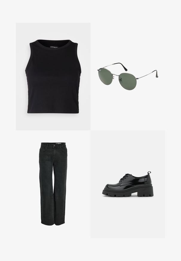 Melna ribota īsā topa ar apaļu kakla izgriezumu un bez piedurknēm. Izgatavota no mīksta, elastīga auduma, ar tīrām apgrieztām malām.; Melnas platas kājas džinsi, kas izgatavoti no denima, piedāvā klasisku piecu kabatu dizainu un rāvējslēdzēju ar pogu aizdari. Gluda tekstūra.; Melnas lakotas ādas kurpes ar masīvu platformas zoli un biezām šņorēm. Apaļa purngala forma, minimālas detaļas un neliela papēža cilpa aizmugurē.; Metāla rāmji saulesbrillēm ar ovālām zaļām lēcām. Tievs sudraba metal rāmji un melni ausu spilventiņi. Minimalistiska dizaina, bez redzamām apzīmējumiem.