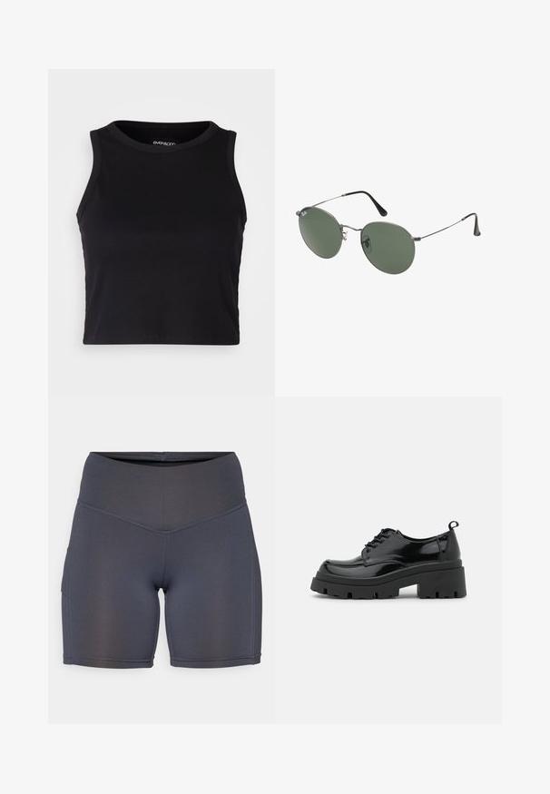 Top corto a costine nero con scollatura rotonda e design senza maniche. Realizzato in tessuto morbido ed elastico, presenta bordi rifiniti con cura.; Shorts sportivi grigio scuro realizzati in tessuto liscio ed elasticizzato. Presentano un'alta vita e cuciture a contrasto, con un dettaglio della tasca laterale.; Scarpe in pelle verniciata nera con una suola piattaformata chunky e lacci spessi. Punta arrotondata, dettagli minimi e un piccolo tassello sul tallone sul retro.; Occhiali da sole con montatura in metallo e lenti verdi ovali. Montatura sottile in metallo argento e terminali neri. Design minimalista, senza loghi visibili.