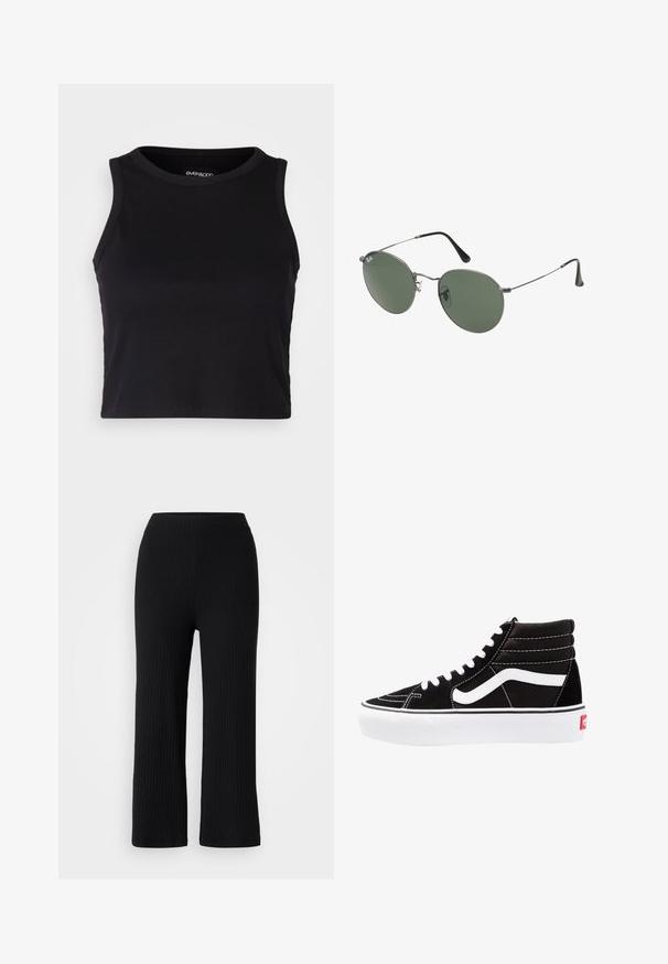 Melna ribota īsā topa ar apaļu kakla izgriezumu un bez piedurknēm. Izgatavota no mīksta, elastīga auduma, ar tīrām apgrieztām malām.; Melnas ribotas platas kleitas ar elastīgu jostasvietu, ar teksturētu audumu un taisnu griezumu, piemērotas ikdienas valkāšanai.; Melnas augstās kedas ar baltām šņorēm, baltu logo un kontrastējošu baltu dūrienu. Iemīlda bieza balta zole un teksturēts zamšāda augšdaļa.; Metāla rāmji saulesbrillēm ar ovālām zaļām lēcām. Tievs sudraba metal rāmji un melni ausu spilventiņi. Minimalistiska dizaina, bez redzamām apzīmējumiem.