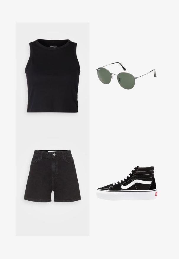 Svart ribbad kort tanktopp med rund halsringning och ärmlös design. Tillverkad av mjuk, stretchy tyg med rena, fållade kanter.; Svart denimshorts med hög midja, fem fickor och knappstängning framtill. Har en ren, odekorerad design.; Svarta hög top sneakers med vita snören, en vit logotyp och kontrasterande vita sömmar. Har en tjock vit sula och texturerad mockaöverdel.; Metallinramade solglasögon med ovala gröna linser. Tunn silvermetallram och svarta öronpluggar. Minimalistisk design, inga synliga logotyper.