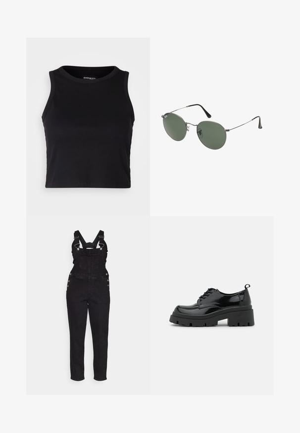 Top scurt ribbed negru, cu decolteu rotund și fără mâneci. Fabricat dintr-un material moale și elastic, având margini finisate.; Salopetă din denim negru cu bretele ajustabile, butoane laterale și picioare conice. Secțiunea superioară dispune de o buzunar frontal și un design clasic.; Pantofi din piele lacuită neagră cu o talpă platformă masivă și șireturi groase. Vârf rotunjit, detalii minime și o mică bucată de suport la spate.; Ochelari de soare cu ramă metalică, dotati cu lentile ovale verzi. Ramă subțire din metal argintiu și ușițe negre. Design minimalist, fără logo-uri vizibile.