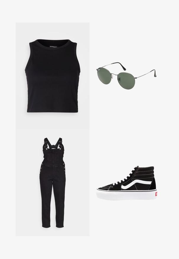 Mustard ribaga lõhikuga crop top, millel on ümar kaelus ja ilma varrukateta disain. Valmistatud pehmest ja venivast kangast, millel on puhtad äärised.; Mustmust värvi teksariided, reguleeritavate rihmadega, külg-nööbiga ja kitsenevate jalgadega. Ülemine osa sisaldab eesmist taskut ja klassikalist disaini.; Mustad mustad sneakers valge paeltega, valge logo ja kontraste valge õmblusega. Omab paksu valget talda ja tekstureeritud nahkiga ülemist osa.; Metallist raamistikuga prillid ovaalsete roheliste läätsedega. Õhuke hõbedane metallraam ja mustad kõrvakatted. Minimalistlik disain, nähtavad logod puuduvad.