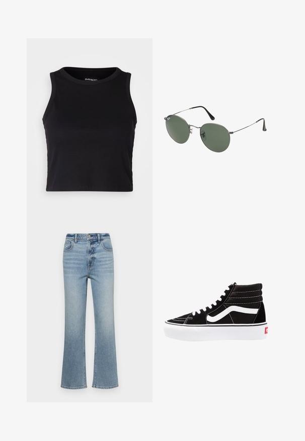 Juodas kanalų rašto trumpas topas su apvaliu iškirpimu ir be rankovių dizainu. Pagaminta iš minkštos, elastingos medžiagos, kurios kraštai tvarkingai apdirbti.; Šviesiai mėlyni plačiakraščiai džinsai, pagaminti iš džinsinio audinio, su aukštu liemeniu, penkiomis kišenėmis ir švelniu blukimu. Kraštai šiek tiek nupjauti.; Juodi aukšti sportbačiai su baltais raišteliais, baltu logotipu ir kontrastinga balta siuvinėta. Turi storą baltą padas ir tekstūruotą zomšos viršutinę dalį.; Metaliniai akiniai su ovaliais žaliais lęšiais. Plonas sidabro spalvos metalinis rėmas ir juodi ausų laikikliai. Minimalistinis dizainas, be matomų logotipų.