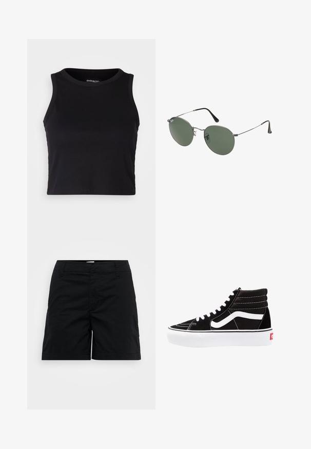 Black ribbed crop tank top with a round neckline and sleeveless design. Made from soft, stretchy fabric, featuring clean hemmed edges.; Black cotton shorts with a straight cut, featuring a waistband, front pockets, and minimalist design. Smooth texture and no visible patterns.; Black high-top sneakers with white laces, a white logo, and contrasting white stitching. Features a thick white sole and textured suede upper.; Metal-framed sunglasses with oval green lenses. Thin silver metal frame and black ear tips. Minimalist design, no visible logos.