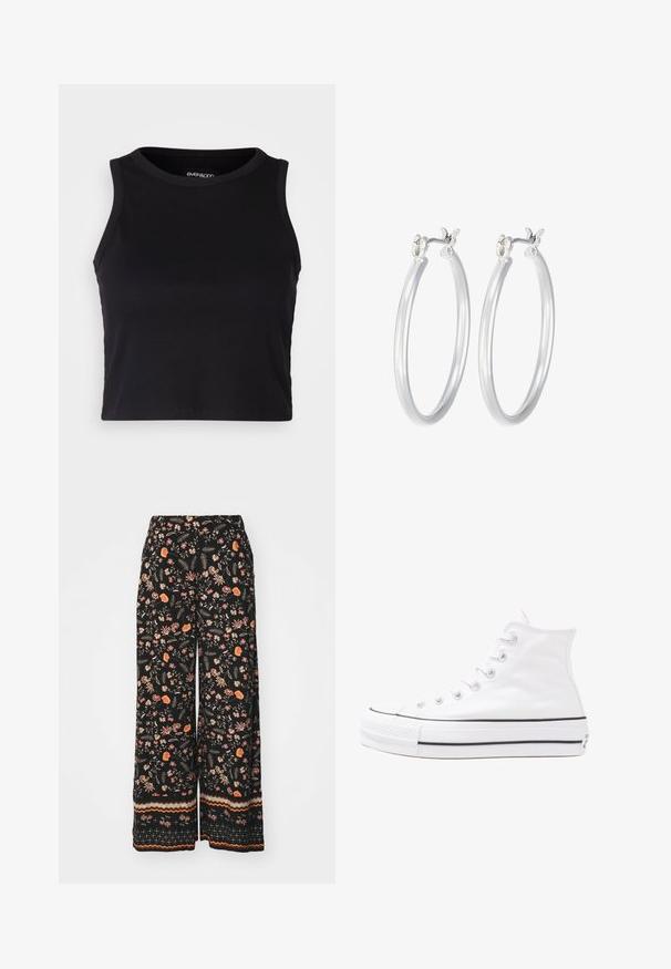 Juodas kanalų rašto trumpas topas su apvaliu iškirpimu ir be rankovių dizainu. Pagaminta iš minkštos, elastingos medžiagos, kurios kraštai tvarkingai apdirbti.; Juodos gėlėtos plačios kojinės kelnės turi spalvingą gėlių ir lapų raštą. Apačia turi dryžuotą dizainą oranžine, ruda ir kreminės spalvos.; Balti aukštakulniai drobės sportbačiai su juodu guminio pado, priekinio guminio piršto dangteliu ir šešiais akytėmis raištams, pasižymintys švariu, minimalistiniu dizainu.; Sidabriniai auskarai su sklandžiu, poliruotu paviršiumi. Apvalios formos ir saugus uždarymo mechanizmas. Lengvas dizainas, tinkantis kasdieniam dėvėjimui.