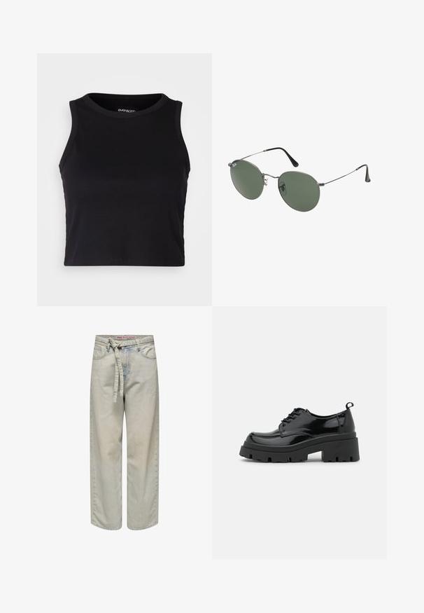 Black ribbed crop tank top with a round neckline and sleeveless design. Made from soft, stretchy fabric, featuring clean hemmed edges.; Light blue wide-leg jeans with a belted waist, featuring a distressed detail and classic five-pocket design, made from denim fabric.; Black patent leather shoes with a chunky platform sole and thick laces. Rounded toe, minimal detailing, and a small heel tab at the back.; Metal-framed sunglasses with oval green lenses. Thin silver metal frame and black ear tips. Minimalist design, no visible logos.