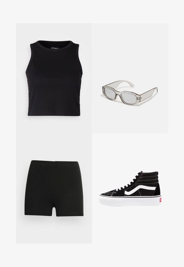 Top scurt ribbed negru, cu decolteu rotund și fără mâneci. Fabricat dintr-un material moale și elastic, având margini finisate.; Shorts negri din bumbac, cu un design ajustat și talie elastică. Textură netedă, până la mijlocul coapsei, fără modele sau accente vizibile.; Tenisi negri cu glezna înaltă, cu șireturi albe, un logo alb și cusături albe contrastante. Prezintă o talpă groasă albă și un exterior din nubuc texturat.; Ochelari de soare gri translucizi cu o formă rectangulară, lentile plate și brațe groase. Prezintă un detaliu subtil de balama pe tâmple.