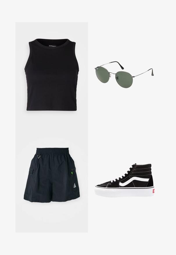 Juodas kanalų rašto trumpas topas su apvaliu iškirpimu ir be rankovių dizainu. Pagaminta iš minkštos, elastingos medžiagos, kurios kraštai tvarkingai apdirbti.; Juodi šortai iš lengvos medžiagos, su elastinga juosmena, šoninėmis kišenėmis su užtrauktukais ir trikampio logotipu apatinėje dalyje.; Juodi aukšti sportbačiai su baltais raišteliais, baltu logotipu ir kontrastinga balta siuvinėta. Turi storą baltą padas ir tekstūruotą zomšos viršutinę dalį.; Metaliniai akiniai su ovaliais žaliais lęšiais. Plonas sidabro spalvos metalinis rėmas ir juodi ausų laikikliai. Minimalistinis dizainas, be matomų logotipų.