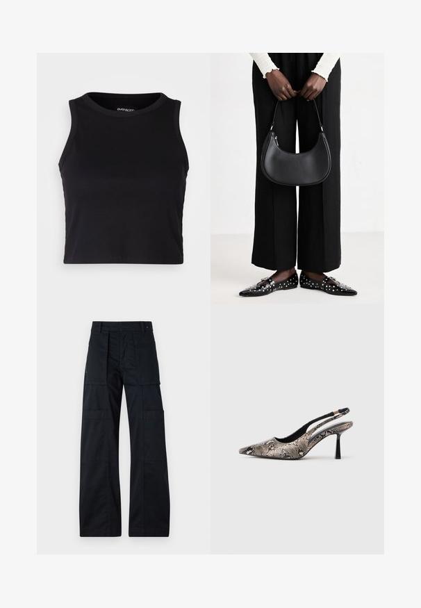 Top cropped preto canelado com gola redonda e design sem mangas. Feito de um tecido macio e elástico, apresentando bordas limpas e com bainha.; Calças cargo pretas com um design de perna larga, apresentando múltiplos bolsos grandes, uma cintura ajustada e uma textura de algodão suave.; Sapatos slingback de bico fino feitos de material texturizado com padrão de cobra, apresentando um salto preto esguio e um design recortado nas laterais.; Bolsa de ombro de couro preta com forma arredondada, acabamento brilhante e ferragens prateadas. Pessoa vestindo calças largas pretas e mocassins com tachas.