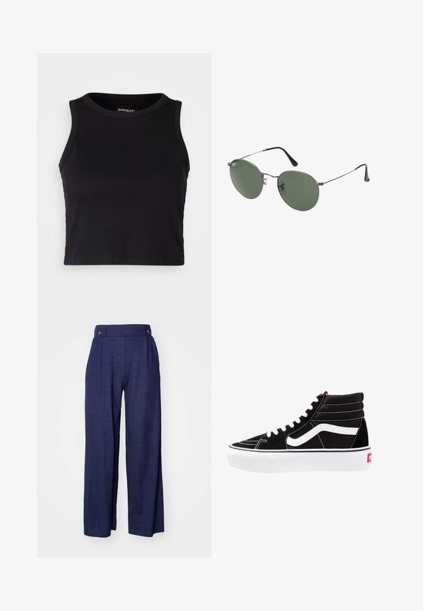 Fekete bordás crop tank top kerek nyakkivágással és ujjtalan dizájnnal. Puha, rugalmas anyagból készült, tiszta, lekerekített szélű részletekkel.; Tengerészkék bővített nadrág puha anyagból, plisszált részletekkel és két elülső gombbal a deréknál a plusz részletekért.; Fekete magasszárú sportcipők fehér fűzővel, fehér logóval és kontrasztos fehér varrással. Vastag fehér talppal és texturált velúrból készült felsőrész jellemzi.; Fémkeretes napszemüveg ovális zöld lencsékkel. Vékony ezüst színű fémkeret és fekete fülrész. Minimalista dizájn, látható logók nélkül.