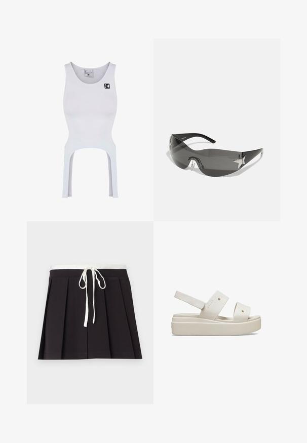 White sports tank top with a fitted design, cut-out sides, and black embroidered logo. Made from stretchy, smooth fabric.; Black pleated skirt with a white woven drawstring waist. Made of soft fabric, featuring a smooth texture and a simple, classic design.; White platform sandals with wide straps, made of smooth material, featuring adjustable back strap and pronounced sole. Minimalistic design.; Black sunglasses with a wrap-around design, dark tinted lenses, shiny star-shaped accents, and adjustable nose pads.; Red leather handbag with an angular, geometric design. Features a single adjustable strap and a flap closure with stitched detailing.