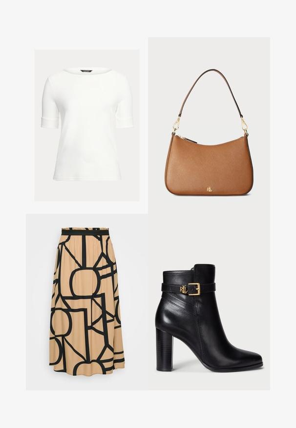 Bela prilagojena majica z ladijskim izrezom, kratkimi rokavi z manšeto in gladkim, mehkemu materialu. Preprost dizajn brez vzorcev ali okrasnih elementov.; Dolga bež krila z črnim geometrijskim vzorcem. Ima elastičen pas in gladko teksturo tkanine. Okrogla rob na dnu.; Črne usnjene gležnjarje z leskom, s koničastim nosom in z zlatim zaponko na paščku. Imajo tudi visoko kupolasto peto.; Rjava usnjena torbica z teksturo, ukrivljene oblike, zlato obarvanimi dodatki in enim ramenskim trakom. Ima zadrgo in detajl logotipa.; Zlato obarvane viseče uhane z velikim belim biserom, ki ima majhen niz prozornih kristalov ob tečaju.
