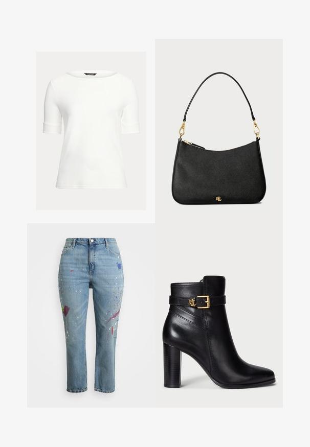 Balta priglundanti palaidinė su plačia kaklo iškirpte, trumpomis rankovėmis su užlenkimais ir lygiu, minkštu audiniu. Paprastas dizainas be raštų ir papuošimų.; Šviesiai mėlyni džinsai su tiesaus kirpimo kojomis. Priekyje yra purškimo dėmių violetinės, žalios ir raudonos spalvų, suteikiančių unikalų dizainą.; Juodos odinės kulkšninių botai su blizgiu paviršiumi, smailiu nosiu ir auksine sagtimi ant dirželio. Turi aukštą, sukraūtą kulną.; Juodas odinis rankinukas su struktūrizuotu dizainu, turintis užtrauktuko užsegimą, nuimamą dirželį ir auksinius aksesuarus.; Aukso spalvos mazgo auskarai su sukimo dizainu. Kiekvienas auskaras turi apvalų skaidrų pagrindą, užtikrinantį saugų dėvėjimą.