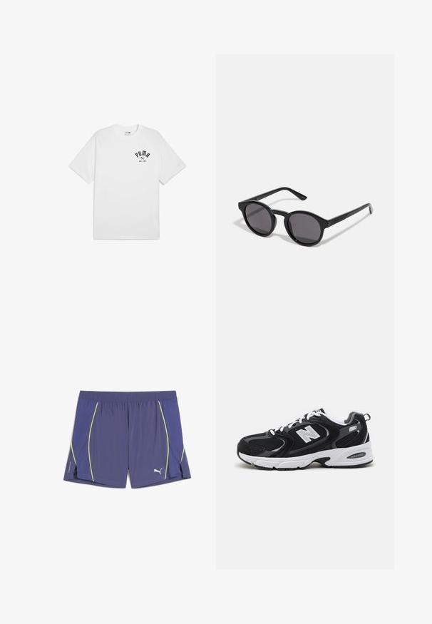 Camiseta de algodón blanca de manga corta y cuello redondo, con un logo impreso en negro en el pecho. Diseño sencillo y clásico.; Pantalones cortos atléticos morados con un diseño ligero, que cuentan con acentos laterales en amarillo neón y un logo sutil. La cintura elástica incluye aberturas laterales.; Zapatillas deportivas en negro y gris con parte superior de malla y ante, que cuentan con una entresuela blanca, cordones y un llamativo logo "N" en el lateral.; Gafas de sol negras con un marco redondo, ligeramente ondulado, lentes oscuros y varillas rectas negras. Acabado liso y brillante sin patrones visibles.