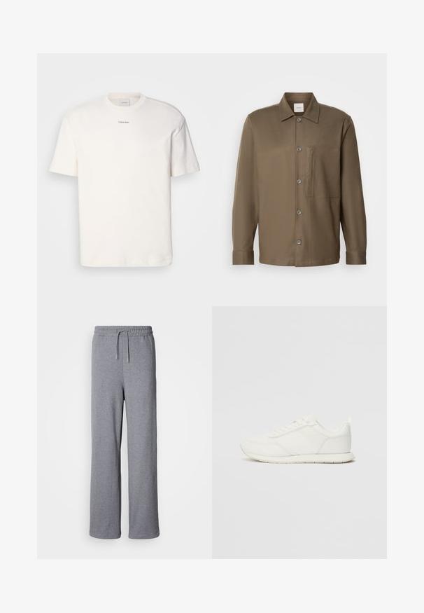 Fehér pamut póló, kerek nyakkal, rövid ujjakkal és hímezett "Calvin Klein" logóval a mellkas közepén. Egyszerű design.; Barna gombos ing, gallérral, hosszú ujjakkal, mellzsebbel és sima textúrával. Szürke gombok találhatók az elején.; Szürke, bő szárú melegítőnadrág puha anyagból; rugalmas derékkal és zsinórral rendelkezik, zsebek nélkül. Egyszerű, díszítés nélküli dizájn.; Fehér sneaker hálós és szintetikus felsőrésszel, kerek orral, lapos fűzőkkel és textúrázott oldalsávval. Gumi talp hátul húzófüllel.