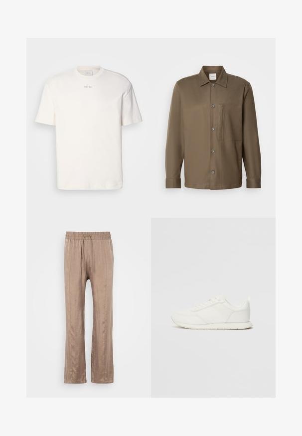 White cotton T-shirt featuring a round neck, short sleeves, and embroidered "Calvin Klein" logo at the chest center. Plain design.; Brown button-up shirt with a collar, long sleeves, a chest pocket, and smooth texture. Features grey buttons along the front.; Light brown, wide-leg pants made of smooth fabric, featuring an elastic waistband with a drawstring and two front crease lines.; White sneaker with a mesh and synthetic upper, round toe, flat laces, and a textured side stripe. Rubber sole with a pull tab at the back.