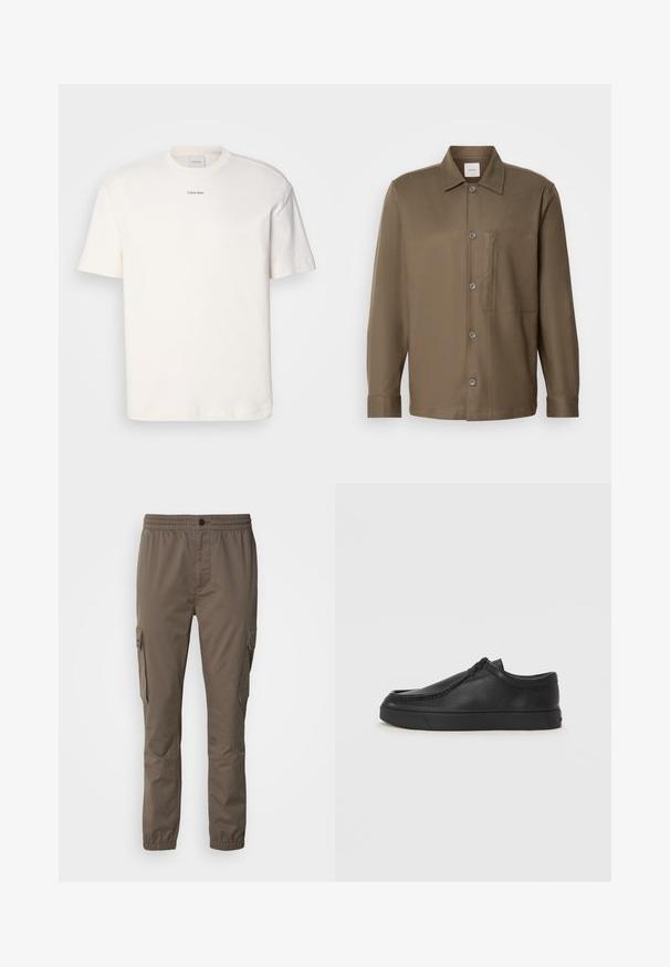 White cotton T-shirt featuring a round neck, short sleeves, and embroidered "Calvin Klein" logo at the chest center. Plain design.; Brown button-up shirt with a collar, long sleeves, a chest pocket, and smooth texture. Features grey buttons along the front.; Cargo pants in a muted brown color, featuring an elastic waistband, side pockets, and a smooth texture. Lightweight, casual design.; Black leather slip-on shoe with a rounded toe, stitched detailing, and black rubber sole. Smooth texture with minimalistic design.
