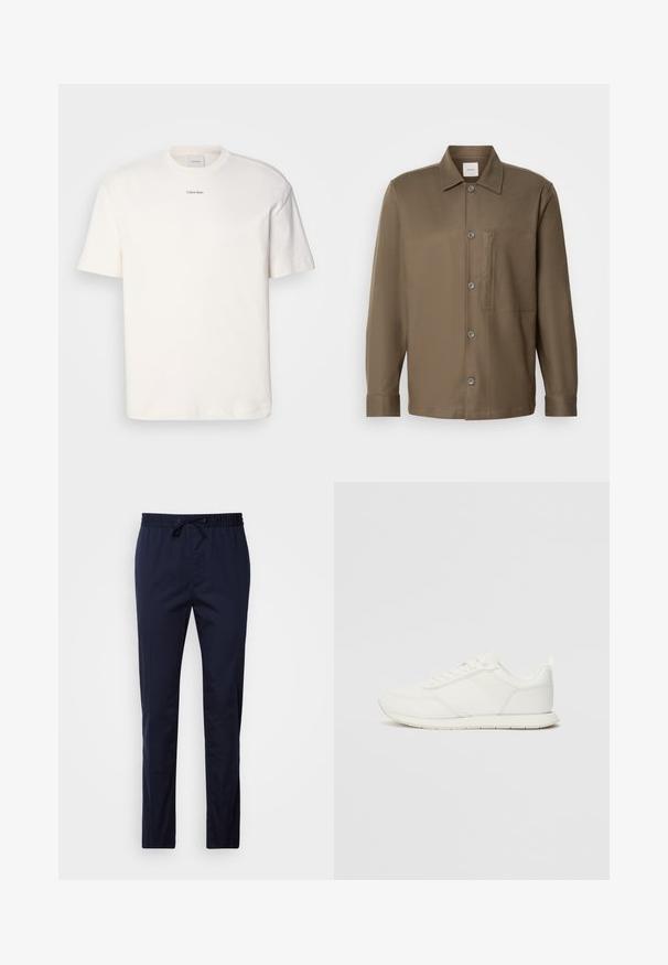 Biała bawełniana koszulka z okrągłym dekoltem, krótkimi rękawami i haftowanym logo "Calvin Klein" na środku klatki piersiowej. Prosty wzór.; Brązowa koszula zapinana na guziki z kołnierzykiem, długimi rękawami, kieszenią na piersi i gładką fakturą. Posiada szare guziki z przodu.; Granatowe, lekkie spodnie z elastycznym paskiem i sznurkiem do regulacji. Prosta nogawka, gładka tekstura, bez kieszeni i wzorów.; Białe trampki z siateczkową i syntetyczną cholewką, okrągłym noskiem, płaskimi sznurowadłami oraz teksturowanym paskiem bocznym. Gumowa podeszwa z pętelką z tyłu.