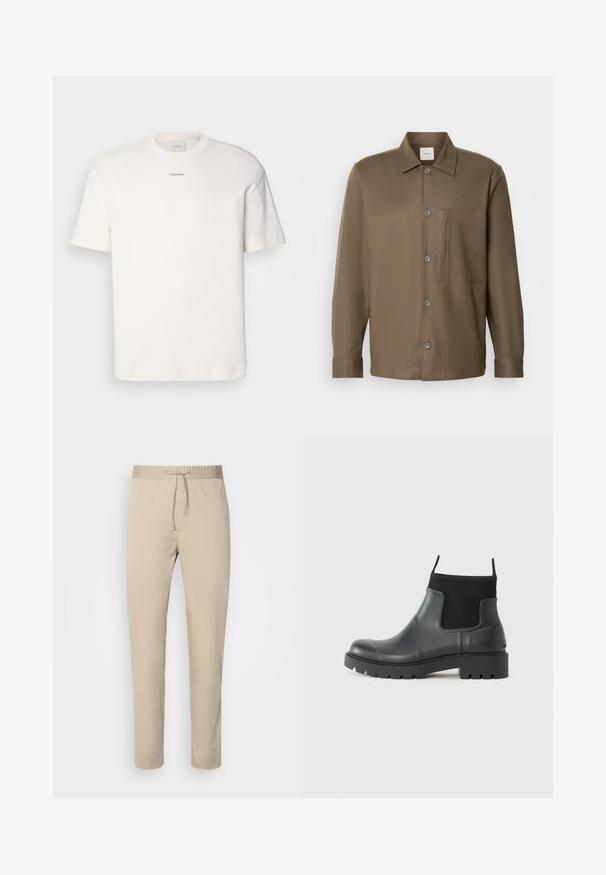 Bílá bavlněná tričko s kulatým výstřihem, krátkými rukávy a vyšitým logem "Calvin Klein" na prostředku hrudi. Jednoduchý design.; Hnědá košile na knoflíky s límečkem, dlouhými rukávy, náprsní kapsou a hladkým povrchem. Obsahuje šedé knoflíky na přední straně.; Beige kalhoty s elastickým pasem a šňůrkou. Mají rovný střih a jsou vyrobeny z hladké tkaniny.; Černé kotníkové boty vyrobené z gumy s matným povrchem, s elegantním designem, elastickými panely a masivní podrážkou pro lepší trakci.