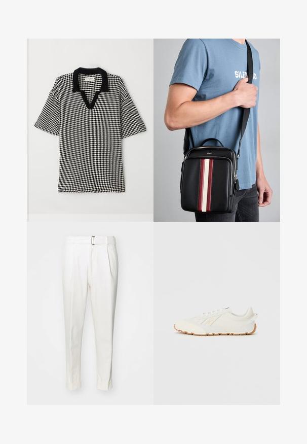 Polo de color negro y blanco con un patrón de cuadros, escote en forma de V y cuello negro en contraste. Las mangas cortas y amplias ofrecen un ajuste relajado.; Pantalones blancos de algodón, con una cintura con cinturón, pliegues frontales y dobladillos con puños. Textura suave y un ajuste entallado.; Zapatillas deportivas blancas con un acabado texturizado y suave, que cuentan con una suela de goma y un sutil logotipo dorado en el lateral. Diseño minimalista.; Bolso cruzado de piel negra con rayas verticales en rojo, blanco y beige. Cuenta con una asa superior y una correa ajustable. Cierre con cremallera visible.