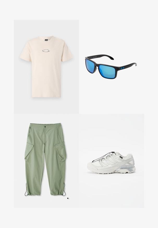 Bežs kokvilnas T-krekls ar apaļu kakla izgriezumu, īsām piedurknēm un minimālistisku melnu ovālu logotipu krūšu rajonā. Gluda tekstūra, standarta piegriezums.; Gaiši zaļi kravas bikses ar elastīgu jostasvietu, vairākām sānu kabatām un auklām pie potītēm. Izgatavotas no izturīga, teksturēta auduma.; Baltijas sporta apavi ar teksturētu sieta augšdaļu, atstarojošiem akcentiem un mīkstu zoli. Iekļauj elastīgas šņorītes un pelēkus akcentus.; Stilīgi melni saulesbrilles ar ziliem spoguļlēcām, kvadrāta formā un zila akcenta temple. Izgatavotas no viegla plastmasas materiāla.