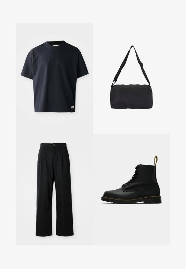T-shirt à col rond bleu marine à manches courtes avec un petit logo rectangulaire de la marque près de l'ourlet inférieur sur le côté droit à l'avant.; Pantalons noirs à jambes larges en coton avec une texture lisse, dotés d'une fermeture à bouton à l'avant et de deux poches latérales.; Botte de cheville en cuir noir à lacets avec coutures jaunes sur la semelle et onglet de tirage marqué au talon, vue de côté sur un fond uni.; Sac de sport noir en tissu durable, avec un design de logo texturé, une bandoulière ajustable et une fermeture zippée. Forme cylindrique compacte.