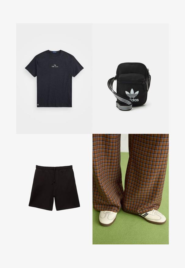 Tmavošedé bavlnené tričko s krátkymi rukávmi a kruhovým výstrihom, s vyšitým logom "Polo Ralph Lauren" na hrudi a malým logom na leme.; Čierne bavlnené šortky s elastickým pásom na šnúrku, s dvoma prednými vreckami a jemnou, hladkou textúrou.; Hnedé a modré kárované nohavice s širokými nohavicami skombinované s bielymi topánkami s čiernymi akcentmi a textúrovanými podrážkami, umiestnené na zelenom pozadí.; Čierna textilná crossbody taška so zipsovým uzáverom, ktorá má biele logo Adidas a pruhovaný nastaviteľný popruh pre jednoduché nosenie.