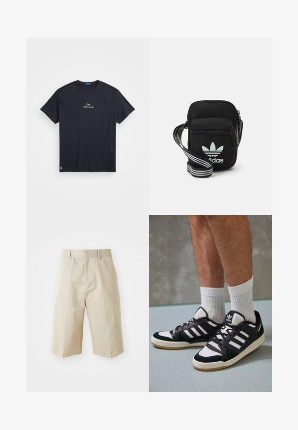 Sötétszürke pamut póló rövid ujjakkal, kerek nyakkivágással, hímzett "Polo Ralph Lauren" logóval a mellen és kis logóval az alsó szegélyen.; Beige színű, egyenes vonalú, szabott rövidnadrág, övhurkokkal, redőzött elülső résszel és sima pamut textúrával. Zsebek és egyéb részletek nélkül.; Fekete-fehér tornacipők velúr és bőr felsőrésszel, három fehér csíkkal, perforált orral és gumi talppal.; Fekete anyagú, keresztpántos táska cipzáras záródással, fehér Adidas logóval és csíkos állítható pánttal a könnyű hordozás érdekében.
