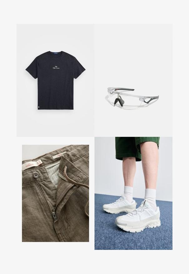 Camiseta de algodón gris oscuro con mangas cortas, cuello redondo, que presenta un logo bordado de "Polo Ralph Lauren" en el pecho y un pequeño logo en el dobladillo.; Pantalones de lino marrones con cremallera frontal, cierre de botón y forro interior a rayas. Incluye detalles de costura y etiquetas.; Zapatillas deportivas blancas con superposiciones texturizadas, una suela gruesa y acentos grises. Llevadas con calcetines blancos hasta la pantorrilla y pantalones cortos verdes sobre una superficie azul.; Gafas de seguridad transparentes con un marco ligero y acentos grises. Presentan un diseño envolvente y una almohadilla nasal ajustable.