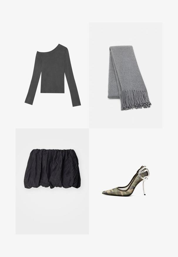 Pelēks, garām piedurknēm tops ar plecus atklājošu dizainu. Izgatavots no mīkstas auduma ar gludu tekstūru un taisna griezuma malu.; Melna krokota auduma blūze ar elastīgu jostu, ar teksturētu virsmu un savilkuma dizainu, kas nodrošina apjomīgu formu.; Kamuflāžas raksta augstpapēžu kurpe ar caurspīdīgu sieta augšdaļu, norādītu purngalu un metalizētu sudraba akcentu uz papēža.; Pelēks vilnas šalle ar mīkstu tekstūru, ar frizētām malām un vienkāršu dizainu. Kārtota kārtīgi, izceļot tās izstiepto formu.