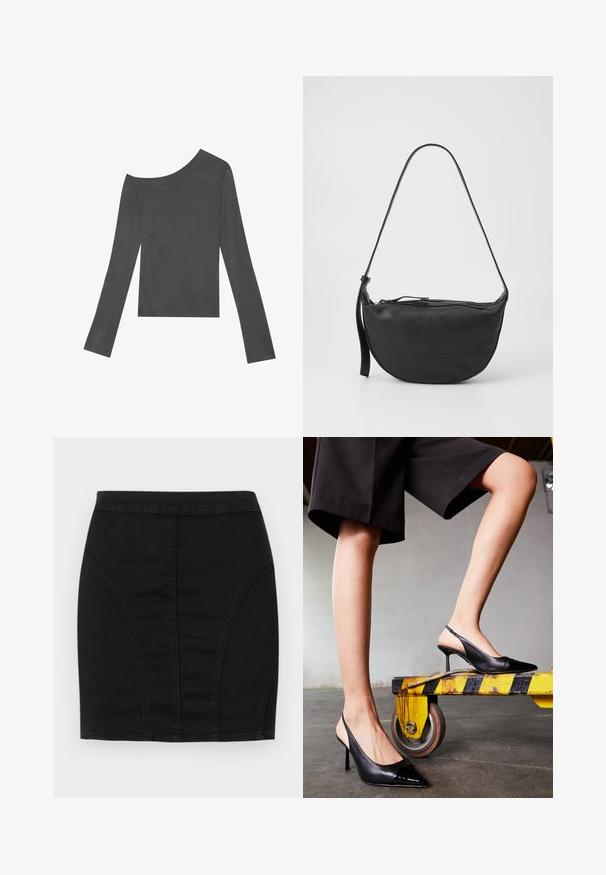 Szürke, hosszú ujjú felső, váll nélküli kialakítással. Puha anyagból készült, sima textúrával és egyenes szabású aljjal.; Fekete farmer mini szoknya, formázott dizájnnal, strukturált panelekből készült, látható varrásokkal a részletek hangsúlyozásához. Simaszerkezet és elegáns sziluett.; Fekete slingback magassarkú cipők hegyes orral, fényes lakk talppal. Tűsarkú, sima bőrből készült kialakítás, minimalista sziluett.; Fekete bőr válltáska ívelt formával, egyetlen pánttal, cipzáros zárással és diszkrét varrásokkal a táska testén.