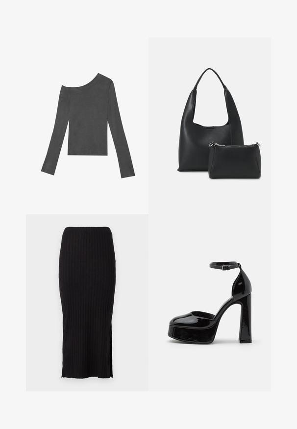 Top cinza de mangas longas com design à mostra dos ombros. Feito em tecido suave com uma textura lisa e uma bainha cortada reta.; Saia preta de malha côtelada com uma silhueta reta, fendas laterais na barra e uma textura suave para um ajuste confortável.; Saltos altos de plataforma em couro patentes pretos, com uma tira no tornozelo, bico arredondado e um salto em bloco, apresentando uma textura suave e brilhante.; Even&Odd Mala de mão - black