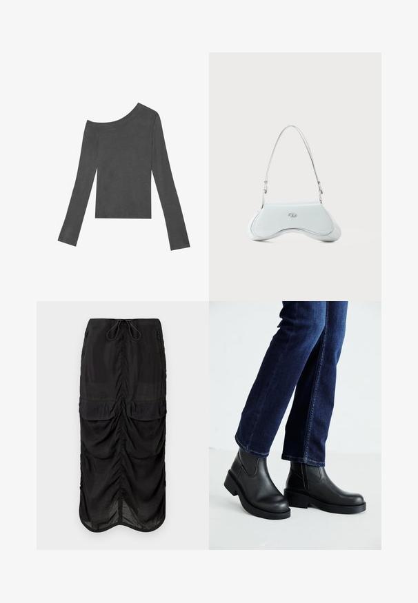 Top gris de manga larga con un diseño de hombros descubiertos. Confeccionado con una tela suave que tiene una textura lisa y un dobladillo recto.; Falda midi negra hecha de tela ligera. Presenta detalles fruncidos, dos bolsillos delanteros y una cinturilla con cordón ajustable.; Botas de tobillo de cuero negro con suela gruesa y paneles elásticos laterales, combinadas con jeans azul oscuro. El suelo es de color claro.; Bolso de hombro de piel sintética blanca con un diseño curvado, herrajes plateados y un sutil acento de logo en la parte frontal. Correa ajustable incluida.