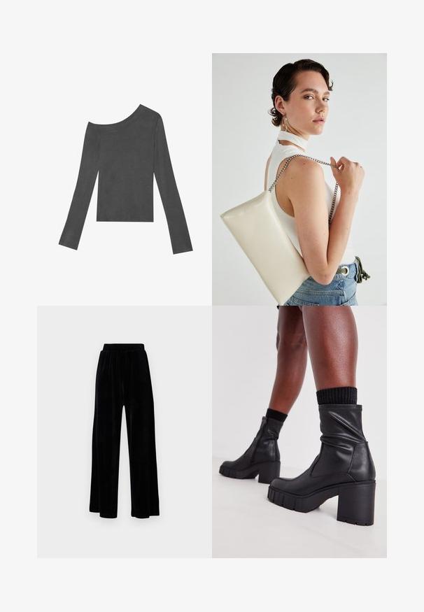 Pilka, ilgomis rankovėmis palaidinė su atviru pečių dizainu. Pagaminta iš minkštos medžiagos su lygiu paviršiumi ir tiesia apdaila.; Juoda plataus kirpimo kelnių pora, pagaminta iš minkštos velveto medžiagos, su elastingu juosmeniu ir glotnia tekstūra, be matomų detalių ar raštų.; Juodi odiniai aulinukai iki kulkšnių su susiraukšlėjimu, tvirtu aukštu kulnu ir tekstūruotu guminiu padu. Yra šoninis užtrauktukas.; Balta, stačiakampio formos rankinė pagaminta iš blizgaus medžiagos, su sidabriniu virvute. Modelis pozavo, demonstruodamas rankinę prieš paprastą foną.