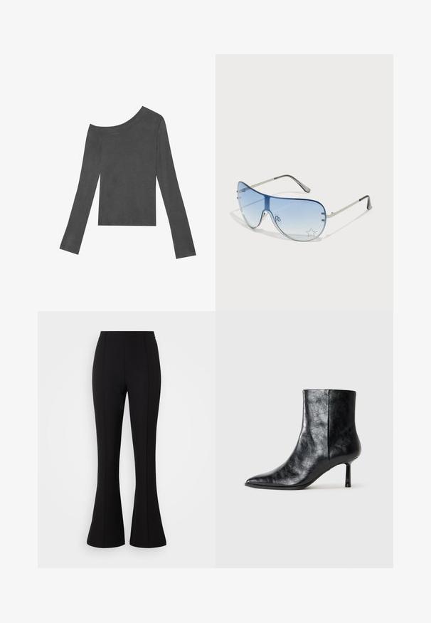Szürke, hosszú ujjú felső, váll nélküli kialakítással. Puha anyagból készült, sima textúrával és egyenes szabású aljjal.; Fekete harangszárú nadrág rugalmas anyagból, sima felülettel, magas derékkal, és varrásdíszítéssel az elején.; Fekete bőr bokacsizma hegyes orral és vékony, rövid fellépővel. Texturált felülettel és letisztult dizájnnal rendelkezik, zökkenőmentes oldallal.; Pilóta napszemüveg, melynek áttetsző kék lencséje, ezüst fém kerete és díszes csillag díszítések találhatók a lencsén. Simogató és elegáns dizájn.
