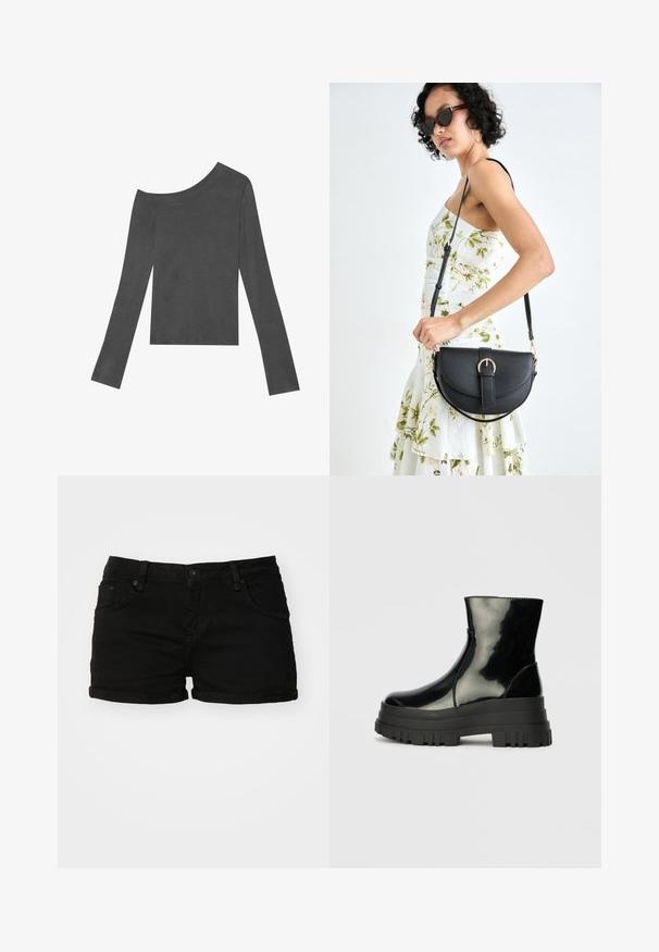 Harma, pitkähihainen paita, jossa on olkaimeton muotoilu. Valmistettu pehmeästä kankaasta, jossa on sileä pinta ja suora helma.; Mustat farkkushortsit, joissa on käännetty helma, viisi taskua ja metallinappikiinnitys. Suuri rakenne ja klassinen istuvuus.; Musta kiiltävä nilkkuri paksulla karkealla pohjalla ja pyöristetyllä kärjellä, sivukuva vaaleanharmaalla yksinkertaisella taustalla.; Musta nahkainen käsilaukku, joka on kaareva muotoilultaan, irrotettavalla hihnalla ja kultaisilla yksityiskohdilla. Laukussa on läppä, jossa on solk yksityiskohta.