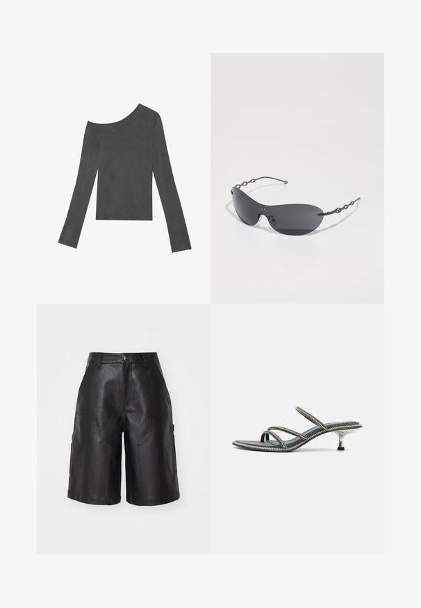 Gray, long-sleeved top with an off-shoulder design. Made of soft fabric with a smooth texture and a straight-cut hem.; Black leather shorts with a straight cut, featuring two front pockets and subtle stitching details. Smooth texture and durable material.; Denim sandal with three thin straps adorned with rhinestones, pointed toe, and a metallic, stiletto-style heel. Non-slip base.; Sunglasses with dark gray lenses, sleek curved shape, and distinctive wavy metal arms. Surface is smooth with a subtle matte finish.
