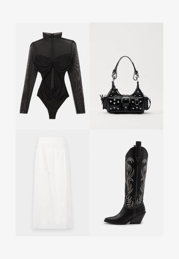 Crni bodi s dugim prozirnim mrežastim rukavima, visokim ovratnikom, drapiranim detaljem sprijeda i prilagođenim korzetom. Zatvara se na dnu s kopčicama.; Bijela maksi suknja s elastičnom pojasom, suptilnom cvjetnom vezom i lepršavim dizajnom. Izrađena je od lagane tkanine.; Crne kožne kauboj čizme s šiljastim prstima, klinastim potpeticama i srebrnim izvezenim cvjetnim uzorcima duž osovine. Kontrastni šavovi posvuda.; Crna kožna torba s zakrivljenim dizajnom, koja sadrži srebrne zakovice, kopču i dva bočna džepa. Podesiva traka za različite opcije nošenja.