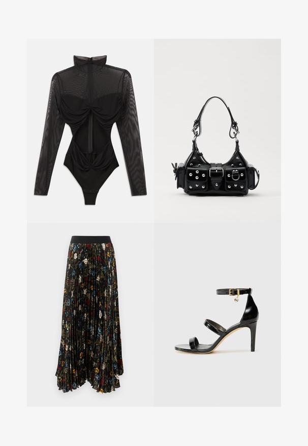 Mustmust mustmust pikka bodysuit pikkade läbipaistvate võrkkätidega, kõrge kaelusega, langeva esiosa detailiga ja kitsaste rinnaosaga. Sulgub alumises osas nupukestega.; Mustriga pleediga maksihunnik seelik mustast kangast, millel on lillemuster punases, sinises ja valges, koos ühetasandi mustast elastse vöökohtaga.; Must musta nahk sandaal kolme rihmaga, pahkluu vööga ja 4-tollise stilettakontsaga. Omab kuldset detaili ja logovõtit.; Must värvi nahast käekott, millel on kaarjas disain, hõbedased nupukesed, kinnitusahe ja kaks külgtaskut. Reguleeritav rihm erinevate kandmisvõimaluste jaoks.