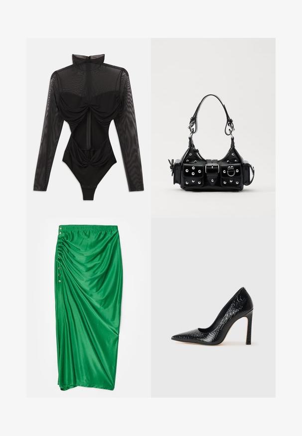 Schwarzer Bodysuit mit langen, durchsichtigen Mesh-Ärmeln, hohem Kragen, drapierter Vorderseite und tailliertem Oberteil. Wird an der Unterseite mit Druckknöpfen geschlossen.; Grüne Satin-Maxi-Rock mit gerafftem Design, ausgestattet mit fünf dekorativen silbernen Knöpfen an der Seite und einem elastischen Bund.; Schwarzer, spitz zulaufender High Heel mit Krokodilleder-Struktur, elegantem Design, hohem Stiletto-Absatz und glattem schwarzen Innenraum.; Schwarze Lederhandtasche mit einem geschwungenen Design, verziert mit silbernen Nieten, einer Schnalle und zwei seitlichen Taschen. Verstellbarer Träger für verschiedene Tragemöglichkeiten.