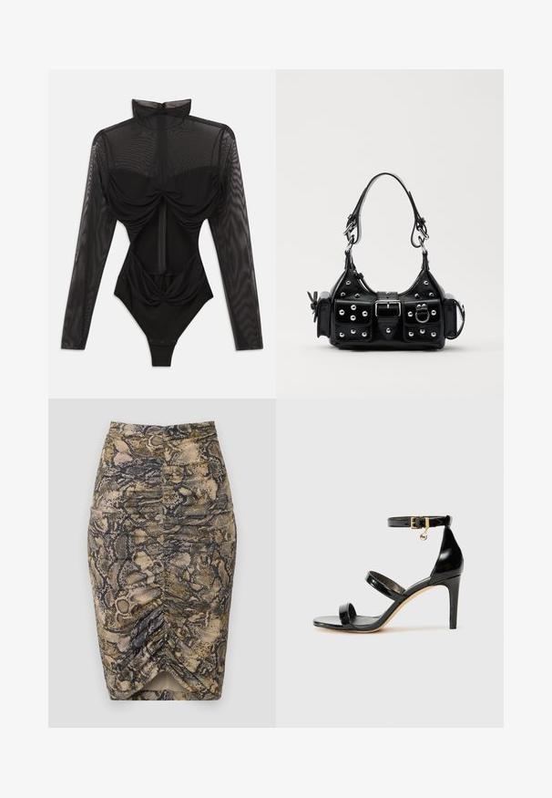 Body negru cu mâneci lungi din plasă transparentă, guler înalt, detaliu drapat în față și corset ajustat. Se închide la bază cu capse.; Fustă creion cu model de piele de șarpe în nuanțe de bej, maro și negru. Prezintă pliuri pe laterale și o fente la margine. Textură netedă.; Sandale negre din piele lacuită, cu trei curele, cataramă la glezna și toc stiletto de 10 cm. Prezintă detalii din metal auriu și un charm cu logo.; Geantă de piele neagră cu un design curbat, dotată cu studuri argintii, o cataramă și două buzunare laterale. Curea ajustabilă pentru opțiuni de transport.
