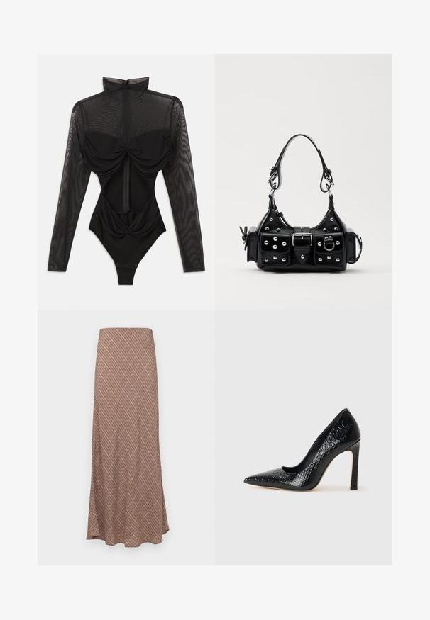 Black bodysuit with long sheer mesh sleeves, high collar, draped front detail, and a fitted bodice. Fastens at the base with snaps.; Long, flared skirt with a brown geometric pattern, featuring a smooth texture and an elastic waistband for comfort.; Black pointed-toe high heel shoe with a crocodile-skin texture, featuring a sleek design, high stiletto heel, and smooth black interior.; Black leather handbag with a curved design, featuring silver studs, a buckle, and two side pockets. Adjustable strap for carrying options.