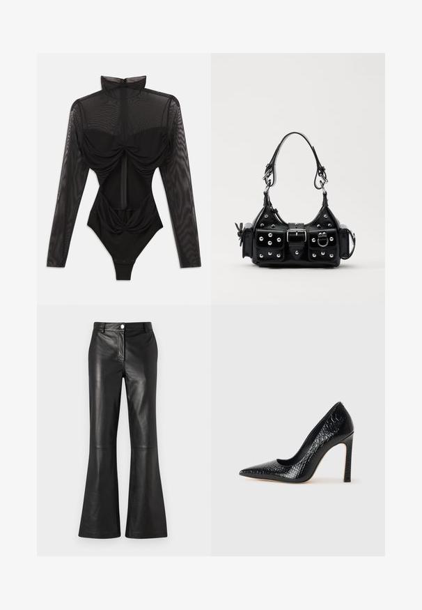 Schwarzer Bodysuit mit langen, durchsichtigen Mesh-Ärmeln, hohem Kragen, drapierter Vorderseite und tailliertem Oberteil. Wird an der Unterseite mit Druckknöpfen geschlossen.; Schwarze Lederhosen mit ausgestelltem Schnitt und glatter Textur, ausgestattet mit einem vorderen Reißverschluss und einem metallischen Knopfverschluss. Klare Linien mit minimaler Details.; Schwarzer, spitz zulaufender High Heel mit Krokodilleder-Struktur, elegantem Design, hohem Stiletto-Absatz und glattem schwarzen Innenraum.; Schwarze Lederhandtasche mit einem geschwungenen Design, verziert mit silbernen Nieten, einer Schnalle und zwei seitlichen Taschen. Verstellbarer Träger für verschiedene Tragemöglichkeiten.