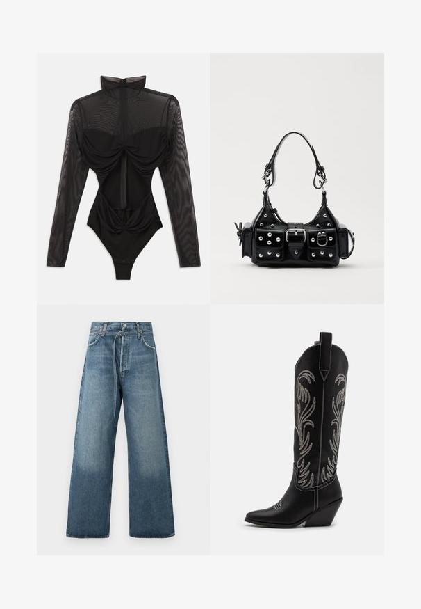 Body noir avec de longues manches en tulle transparent, col haut, détail drapé à l'avant et corsage ajusté. Se ferme à la base avec des boutons-pression.; Jeans évasés bleu en délavé, fabriqués en denim avec des accents de couture visibles et une fermeture à bouton à la taille.; Bottes de cowboy noires en cuir avec des pointes effilées, des talons compensés et des motifs floraux brodés en argent le long du tige. Couture contrastante sur l'ensemble.; Sac à main en cuir noir au design courbé, avec des clous en argent, une boucle et deux poches latérales. Bandoulière réglable pour différentes options de transport.