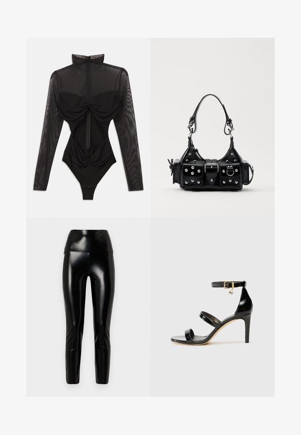 Svart bodysuit med långa genomskinliga meshärmar, hög krage, draperad frontdetalj och en figurnära överdel. Stängs nederst med tryckknappar.; Svarta leggings i konstläder med hög midja, slät yta, smalnande ben och glansig finish. Inga synliga sömmar eller utsmyckningar.; Svart lackskinnsandaler med tre remmar, ankelspänne och 10 cm stilettklack. Har detaljer i guldmetall och logokaraktär.; Svart läderhandväska med en kurvad design, prydd med silverfärgade nitar, ett spänne och två sidofickor. Justerbar rem för olika bäralternativ.