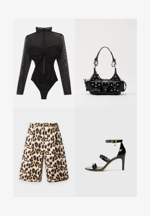 Svart bodysuit med långa genomskinliga meshärmar, hög krage, draperad frontdetalj och en figurnära överdel. Stängs nederst med tryckknappar.; Leopardmönstrade shorts med en blandning av beige och svarta nyanser, plisserad design och sidfickor. Tillverkade av ett mjukt tyg med en blank finish.; Svart lackskinnsandaler med tre remmar, ankelspänne och 10 cm stilettklack. Har detaljer i guldmetall och logokaraktär.; Svart läderhandväska med en kurvad design, prydd med silverfärgade nitar, ett spänne och två sidofickor. Justerbar rem för olika bäralternativ.