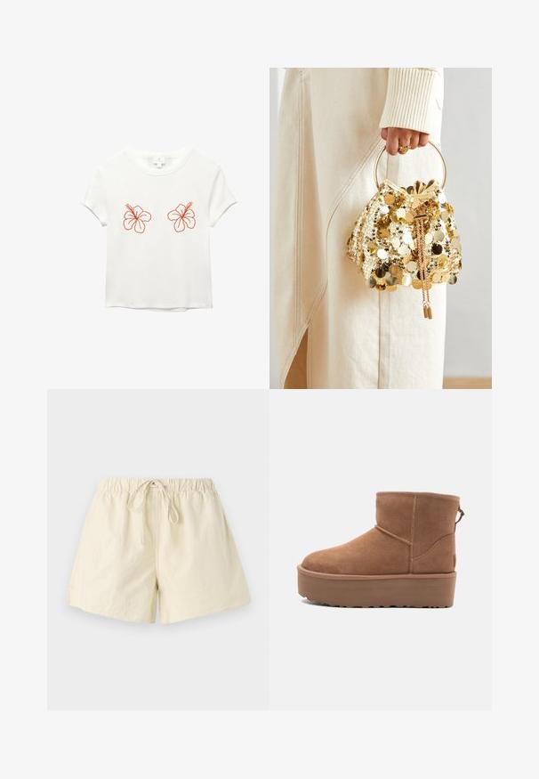 Weißes T-Shirt mit kurzen Ärmeln, das zwei orangegestickte Hibiskusblüten auf der Vorderseite zeigt. Weicher Stoff mit lockerer Passform und Rundhalsausschnitt.; Beige Shorts mit elastischem Bund und Kordelzug, entspannter Schnitt und glatter Textur. Keine sichtbaren Taschen oder Muster.; Beige Wildleder-Ankle-Boot mit Plateausohle, abgerundetem Zehenbereich und abgesteppten Akzenten; verfügt über eine Zuglasche hinten für einfaches An- und Ausziehen.; Goldfarbene Drawstring-Handtasche mit einem runden Griff, verziert mit glänzenden runden Pailletten und einem strukturierten Stoff. Abmessungen sind nicht angegeben.